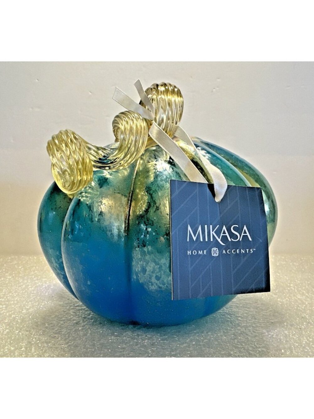 Mikasa Blown Glass Pumpkin Aqua Blue Gold Curly Stem 6.5" Halloween New With Tag